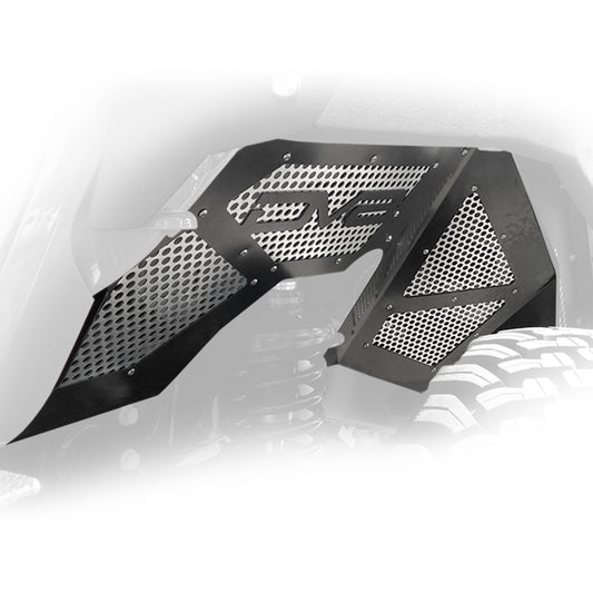 Black DV8 Offroad front inner fenders for 2018+ Jeep Wrangler JL, wheel well liners with durable plastic construction.
