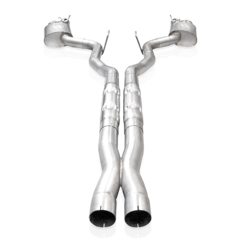 Stainless Works 2024 Mustang GT catback exhaust with quad tips and X-pipe, showcasing its performance design and polished finish.
