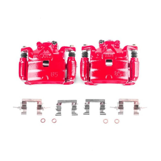 Pair of PowerStop front red performance brake calipers with brackets for Nissan Juke 2011-2017, shown with mounting hardware.