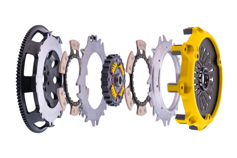 ACT 99-02 Nissan Skyline GT-R R34 clutch kit with mod-twin 225 XX sprung race clutch components, shown with pressure plate and disc.