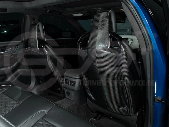 Pair of black carbon fiber seat back panels for Cadillac CT5-V and CT5-V Blackwing interior dash trim, driver and passenger side.
