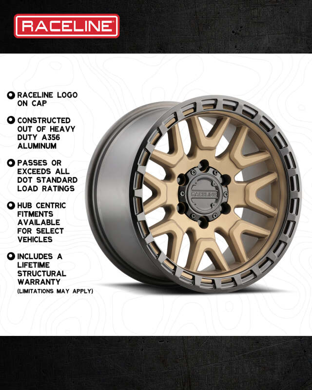 Bronze Raceline 953BZ Krank 20x9 inch cast wheel with 8x165.1 bolt pattern and 0mm offset, featuring 125.2mm bore.