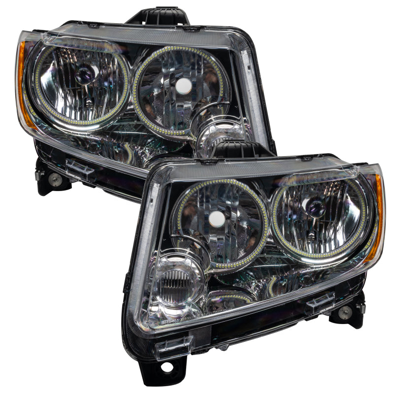 Oracle Jeep Grand Cherokee halo headlights 11-13 non-HID chrome with blue accents, pre-assembled LED headlight bulbs.