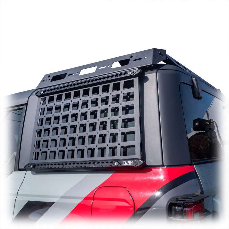 TURN Offroad Ford Bronco 2021+ side Molle panels for OE hard top, rugged offroad accessory with mounting points.