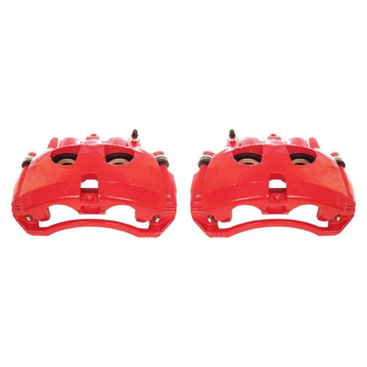 Pair of PowerStop red front brake calipers with brackets for 2009-2010 Dodge Ram 2500 pickup truck, performance brake components.