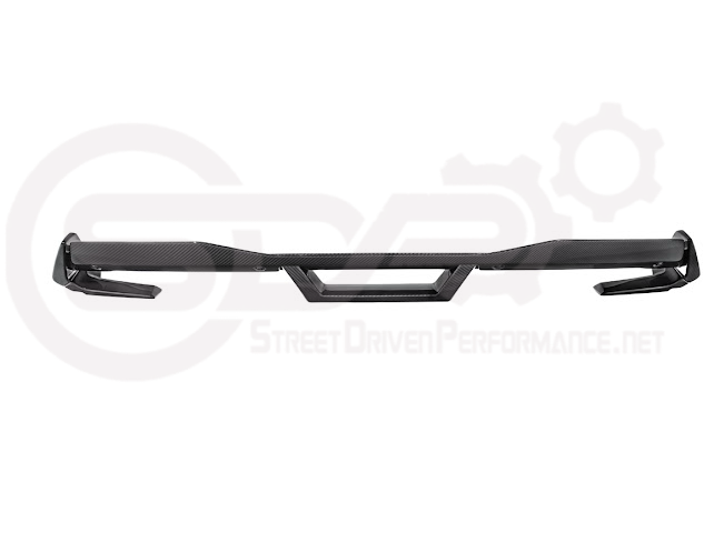 Ford Mustang Dark Horse style carbon fiber rear wickerbill spoiler wing for 2015-2023 model, highlighting aggressive aerodynamic design.
