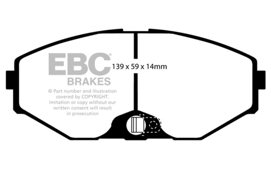 EBC Redstuff front brake pads for Infiniti J30 1993-1997, performance brake pads, showing red friction material and metal backing plate.