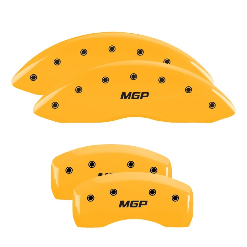 MGP yellow finish black engraved caliper covers for 2003 BMW 525i front and rear brake calipers, branded MGP.