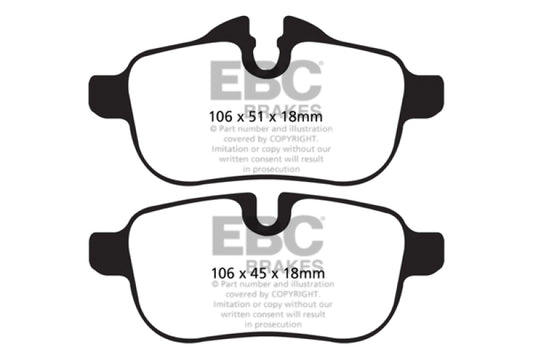 EBC Redstuff rear brake pads for BMW Z4 3.0 E89, performance brake pads with red friction material, side view showing brake pad design.