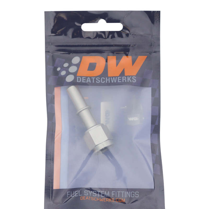 DeatschWerks 6AN female flare swivel fitting to 3/8in male EFI quick disconnect, anodized titanium fuel component.