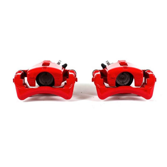 Pair of PowerStop rear red brake calipers with brackets for 2002-2005 Ford Thunderbird, performance brake calipers for enhanced stopping power.