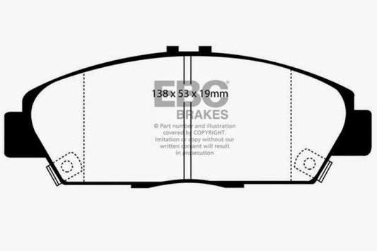 EBC Greenstuff front brake pads for 92-96 Honda Prelude 2.2, performance brake pads with green friction material.