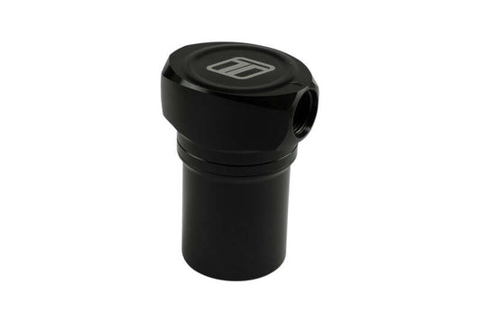 Turbosmart 10um 8AN black fuel filter canister for automotive fuel system, showing the compact, durable canister with inlet and outlet ports.
