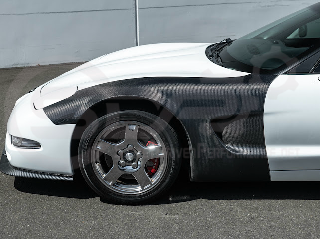 Factory style carbon fiber front and rear widebody fenders for 1997-2004 Chevrolet Corvette C5 hatchback by Street Driven Performance.