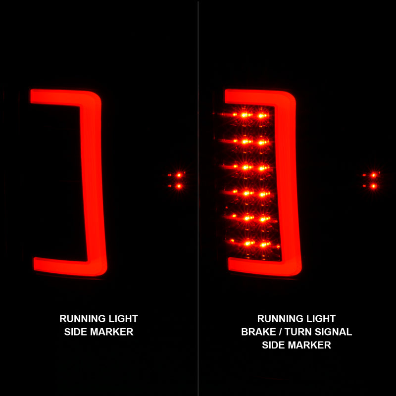ANZO LED tail lights for 2007-2013 GMC Sierra with black housing and smoke lens, featuring integrated light bar.