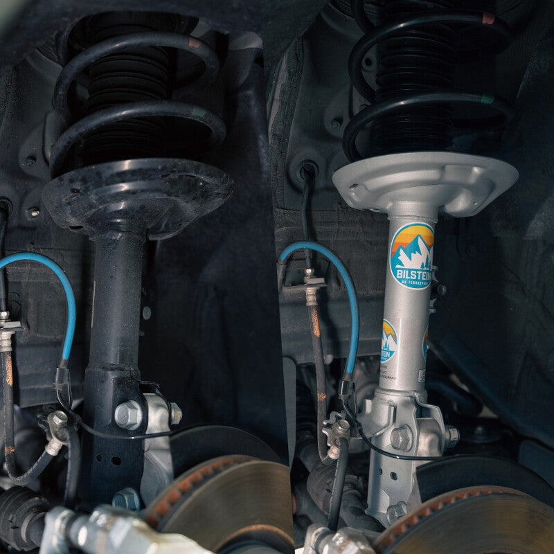 Bilstein B8 TerraSport lift kit for Toyota RAV4, showing shocks and struts with a 1.5-inch lift in a natural outdoor setting