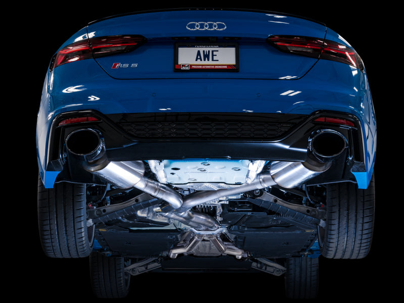 AWE Tuning Audi B9.5 RS 5 Coupe catback exhaust with non-resonated touring edition and RS-style diamond black tips.