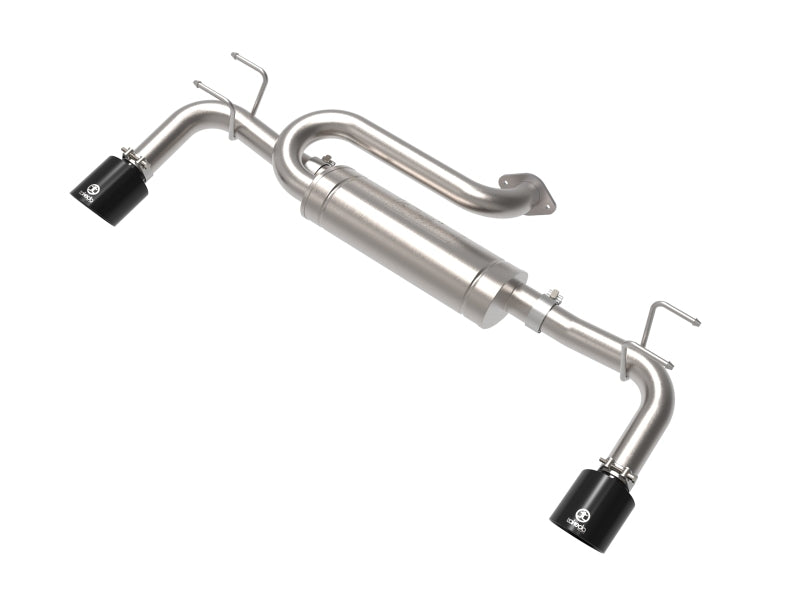 aFe Mazda CX-50 2023+ Takeda 2.5-inch stainless steel axle-back exhaust system with black tips, showing the polished exhaust tips and piping.