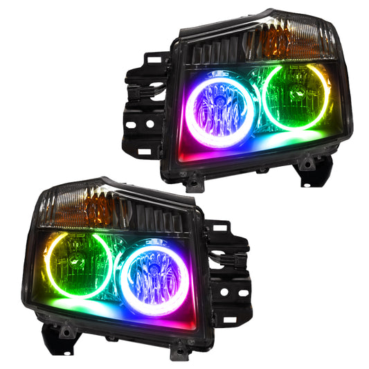Oracle Lighting Nissan Titan headlights with ColorSHIFT SMD LEDs and simple controller, showcasing vibrant automotive headlight illumination.