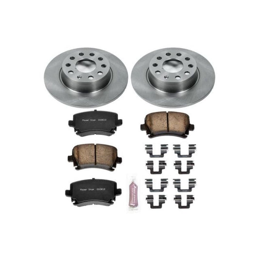 PowerStop OE rear brake kit for 2013 Audi A3 Quattro, includes brake pads and rotors, installed on vehicle's rear axle.