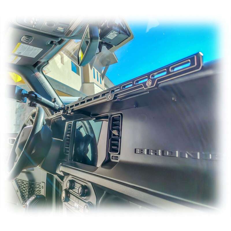 Turn Offroad Ford Bronco dash rail mount with hooks and handles, designed for 21-26 models, for added utility and organization.