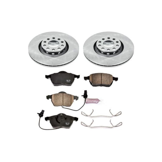 PowerStop OE front brake kit for 2002-2005 Audi A4, including brake rotors and pads, shown in the image.
