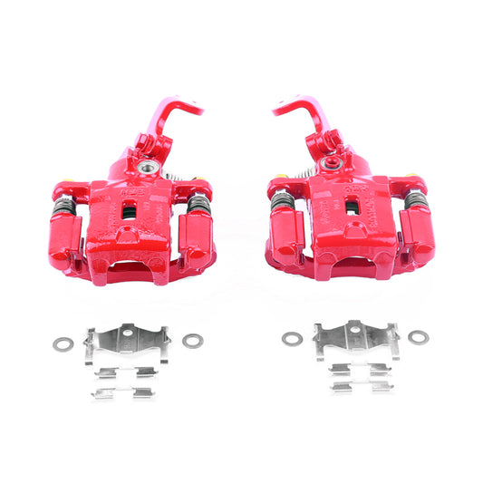 Pair of PowerStop rear red brake calipers with brackets for 2005-2006 Hyundai Elantra, performance replacement brake components.