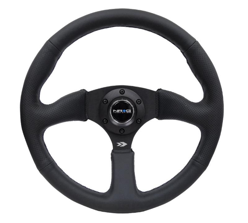 NRG reinforced black leather steering wheel with 350mm diameter, 2.5-inch deep, comfort grip, and matte black spokes.