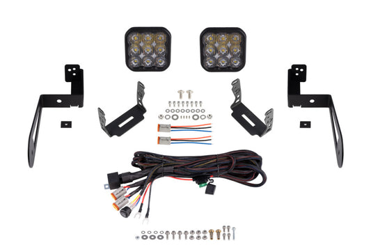 Diode Dynamics Jeep JK SS5 CrossLink bumper lightbar kit with sport driving light bars installed on a Jeep JK vehicle.