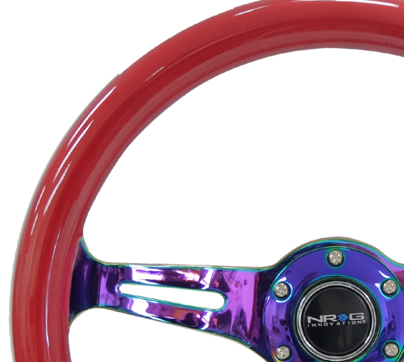 NRG Classic 350mm wood grain steering wheel with red grip and neochrome 3-spoke center, designed for car interior upgrades.