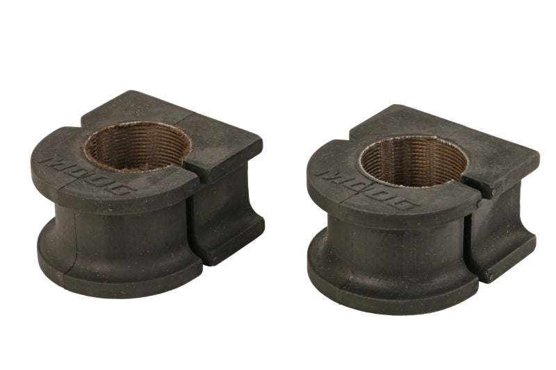 Moog Cadillac Escalade ESV front sway bar bushings kit, close-up of black rubber bushings on stabilizer bar for suspension stability.