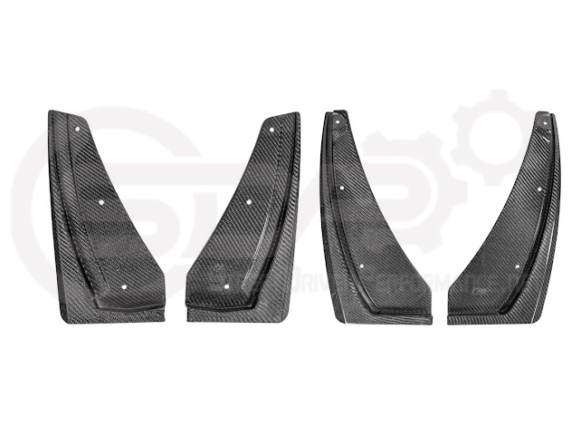 Pair of black carbon fiber mud flaps for 2022-up Cadillac CT5-V Blackwing, designed to fit front and rear wheels.