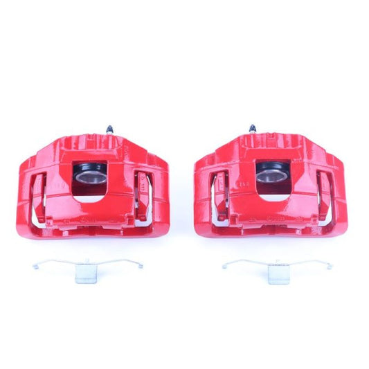 Pair of PowerStop red front brake calipers with brackets for 2005-2006 Audi A4, performance disc brake calipers.