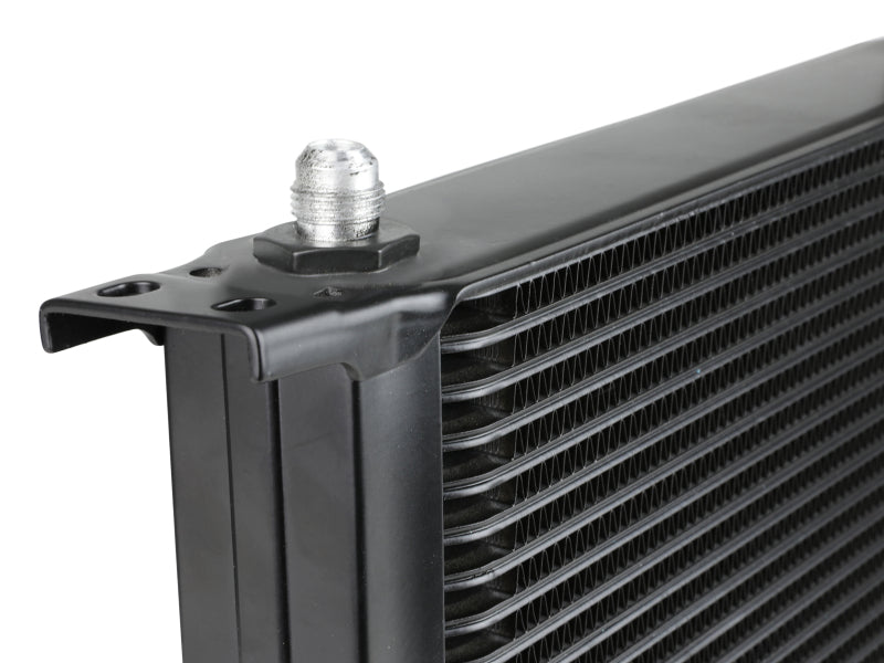 aFe BladeRunner transmission oil cooler with 10-inch length, 2-inch width, and 8-inch height for vehicle cooling.