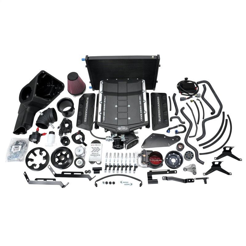 Edelbrock Supercharger Stage II for 2018-2019 Ford Mustang 5.0L Coyote engine, showing the supercharger unit and accessories.