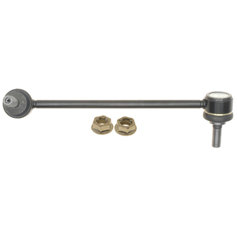 Moog BMW X5 front right sway bar endlink, part of the sway bar linkage system, showing the metal link with rubber bushings.