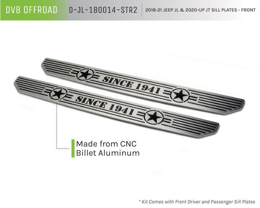 DV8 Offroad 2018-2019 Jeep Gladiator JL front sill plates, exterior body armor and rock rails, mounted on vehicle side.