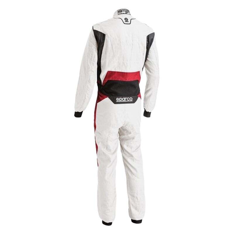 Sparco Victory PRO 60 WHT/RED racing suit with white and red design, made for professional motorsport drivers.