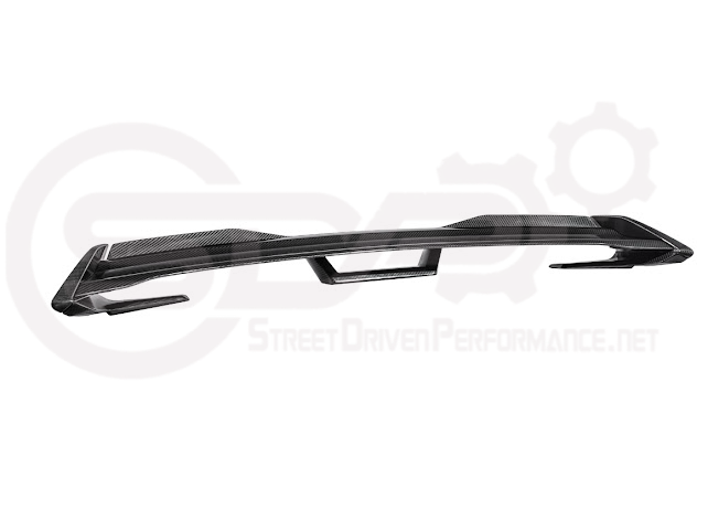 Ford Mustang Dark Horse style carbon fiber rear wickerbill spoiler wing for 2015-2023 model, featuring sleek aerodynamic design.