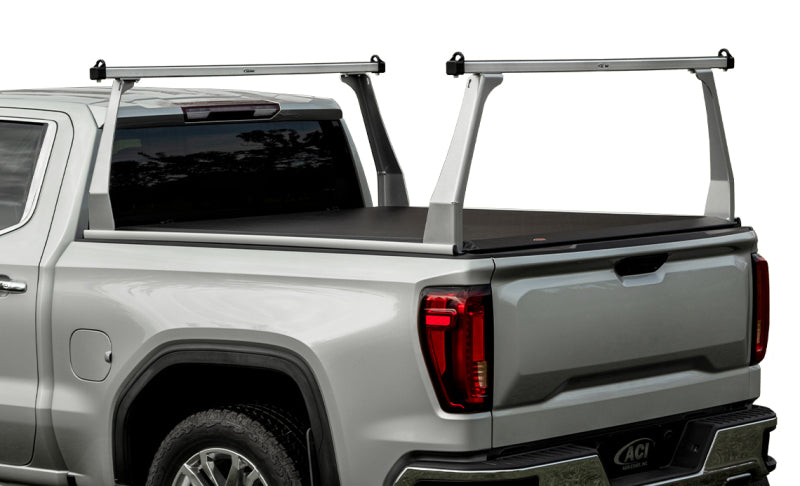 Access ADARAC Aluminum Series 14+ Chevy/GMC full-size 1500 truck ladder rack on an 8ft bed, featuring sturdy construction and sleek design.