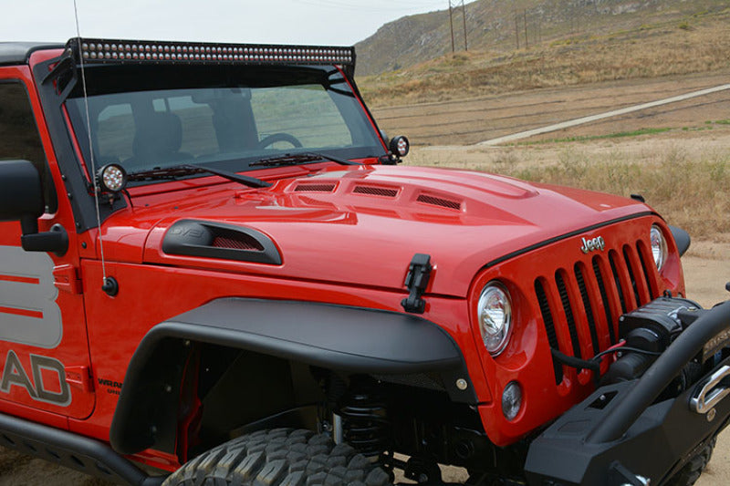 DV8 Offroad Jeep Wrangler JK metal heat dispersion hood in primer black, designed for 2007-2018 Jeep Wrangler JK models.