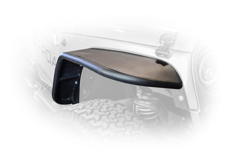 DV8 Offroad Jeep Wrangler JK front and rear flat tube fenders, black metal with rugged construction for off-road protection.