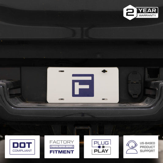 Pair of FORM Lighting Ram LED license plate lights with bright light strips for improved vehicle visibility and style.