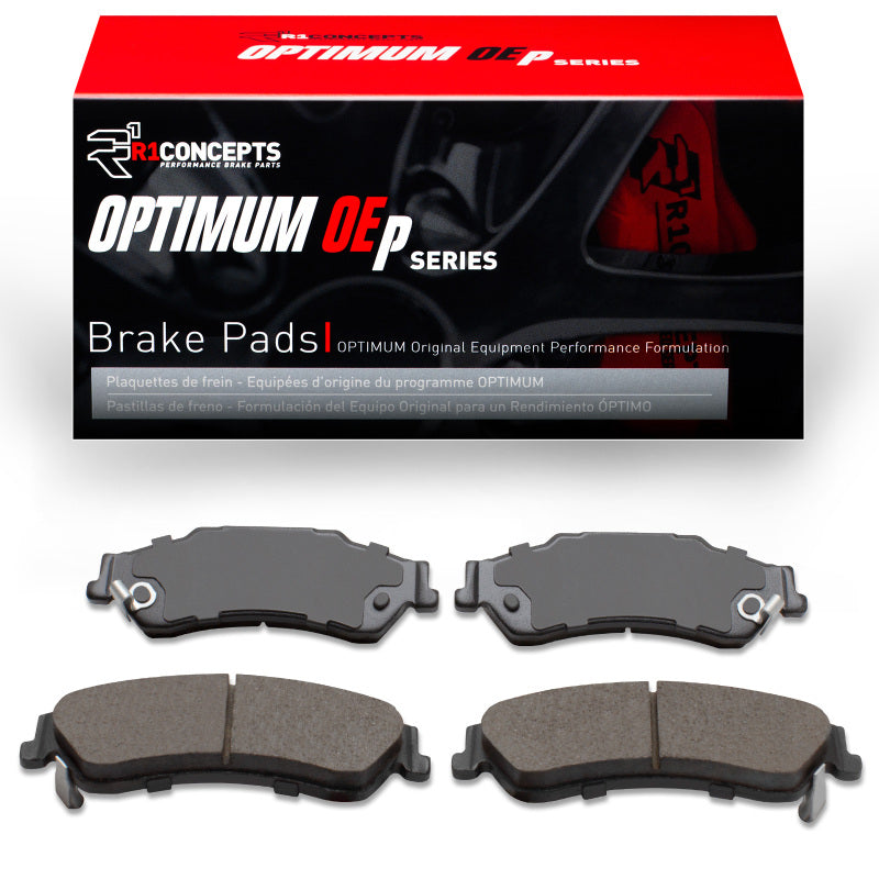 Rear brake pads for Oldsmobile Bravada R1 Concepts OE brake pads, black metal and friction material, front view