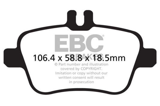 EBC 13+ Mercedes-Benz CLA250 2.0 Turbo Redstuff performance rear brake pads showing metallic backing and brake friction material