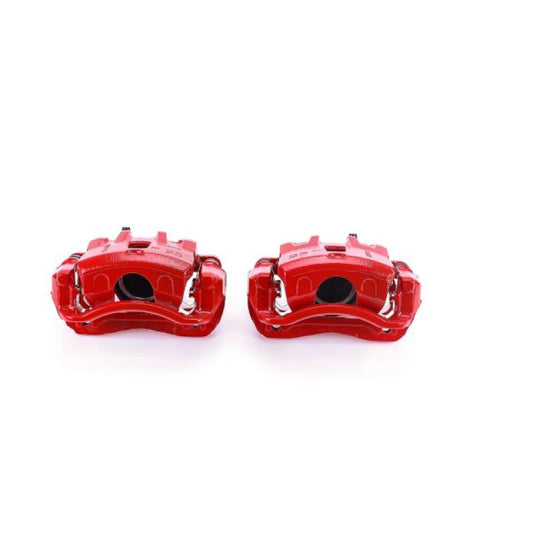 Pair of PowerStop front red brake calipers with brackets for Kia Soul models 2010-2013, performance upgrade.