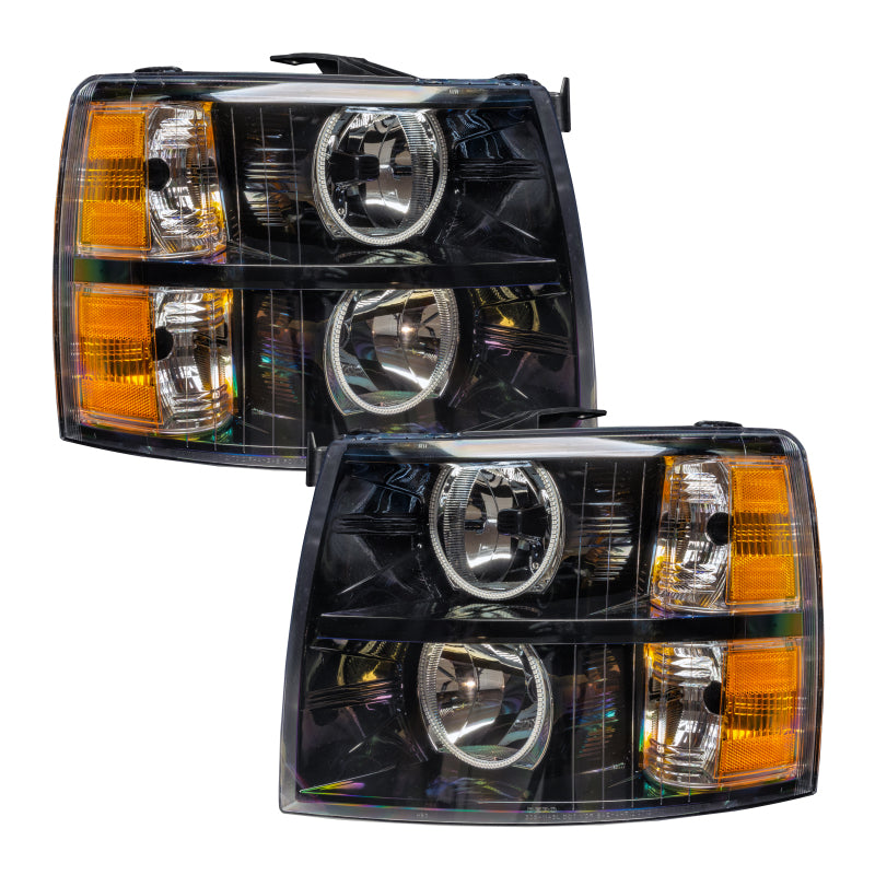 Oracle Lighting blue round halo headlights for 2007-2013 Chevrolet Silverado truck, assembled LED headlight upgrade.