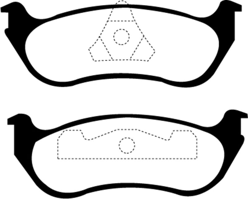 EBC Greenstuff rear brake pads for Ford Crown Victoria 4.6 ABS, performance steel piston brake pads shown in the image.