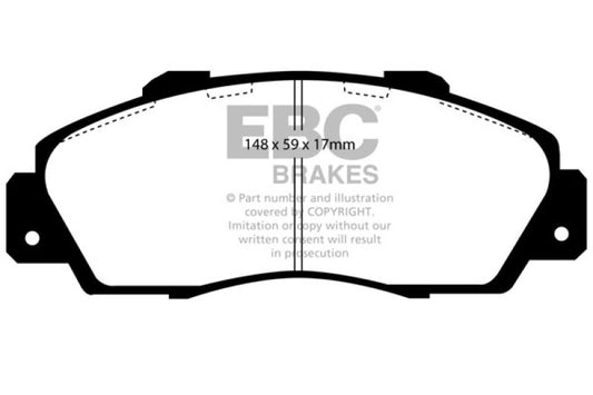 EBC Redstuff front brake pads for Acura CL 3.0, high-performance brake pads with red friction material and metal backing plates.
