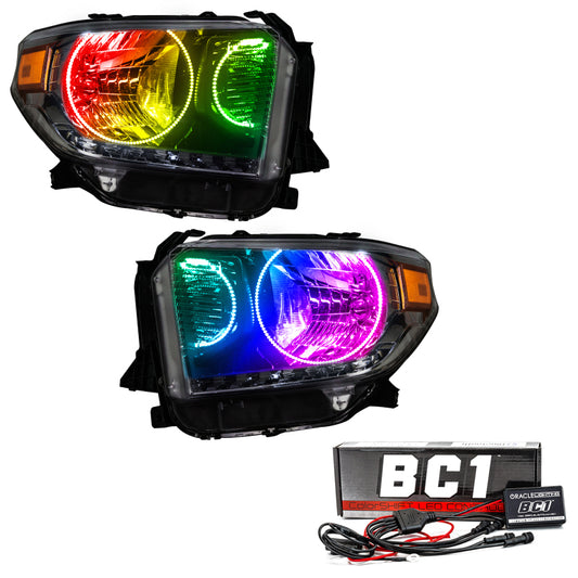 Oracle Toyota Tundra headlights with dual halo SMD LEDs, ColorSHIFT lighting, and BC1 controller for customizable LED headlight upgrade.